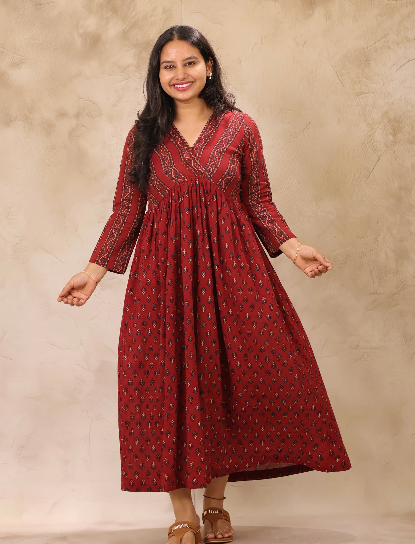 Maroon Ajrakh Hand Block Printed Pure Mul Cotton Aline Kurta | Looms & Tassels