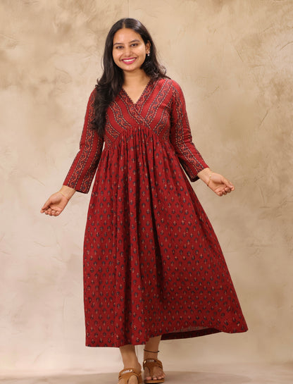Maroon Ajrakh Hand Block Printed Pure Mul Cotton Aline Kurta | Looms & Tassels