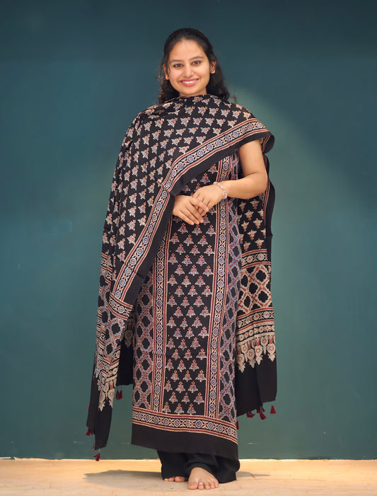 Black Handblock printed Ajrakh modal silk 2 piece suit set