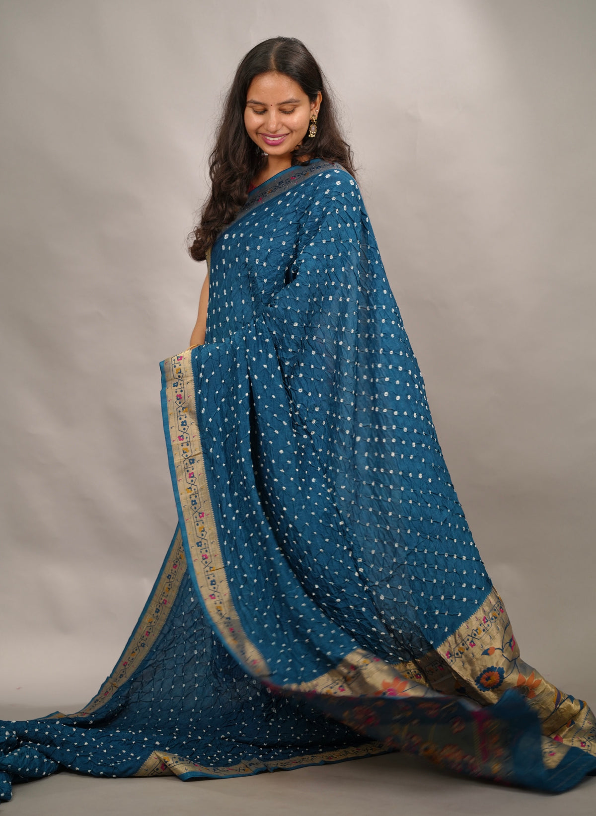 Cyan Blue Handcrafted Bandhani Paithani Dola Silk Saree | Looms & Tassels