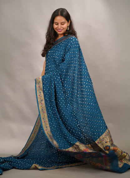 Cyan Blue Handcrafted Bandhani Paithani Dola Silk Saree | Looms & Tassels