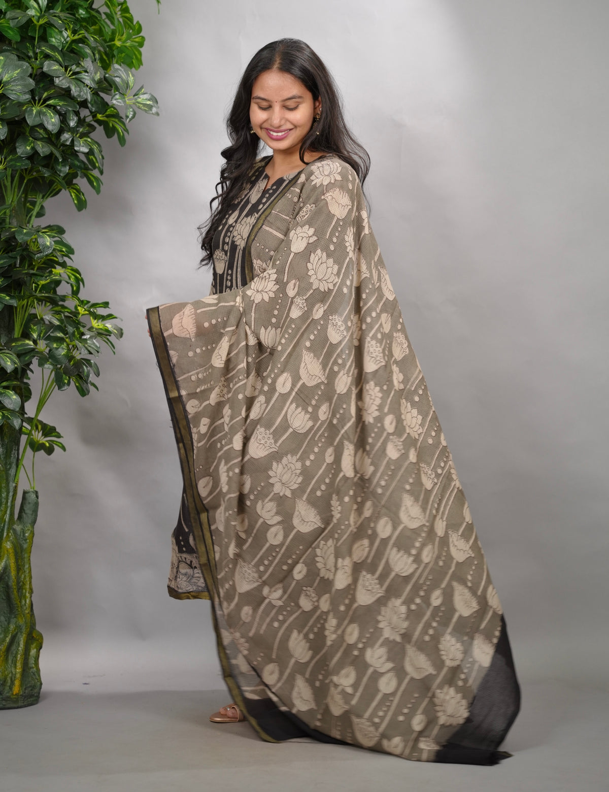 Black Kalamkari Kota Cotton 3 piece suit (stitched) | Looms & Tassels