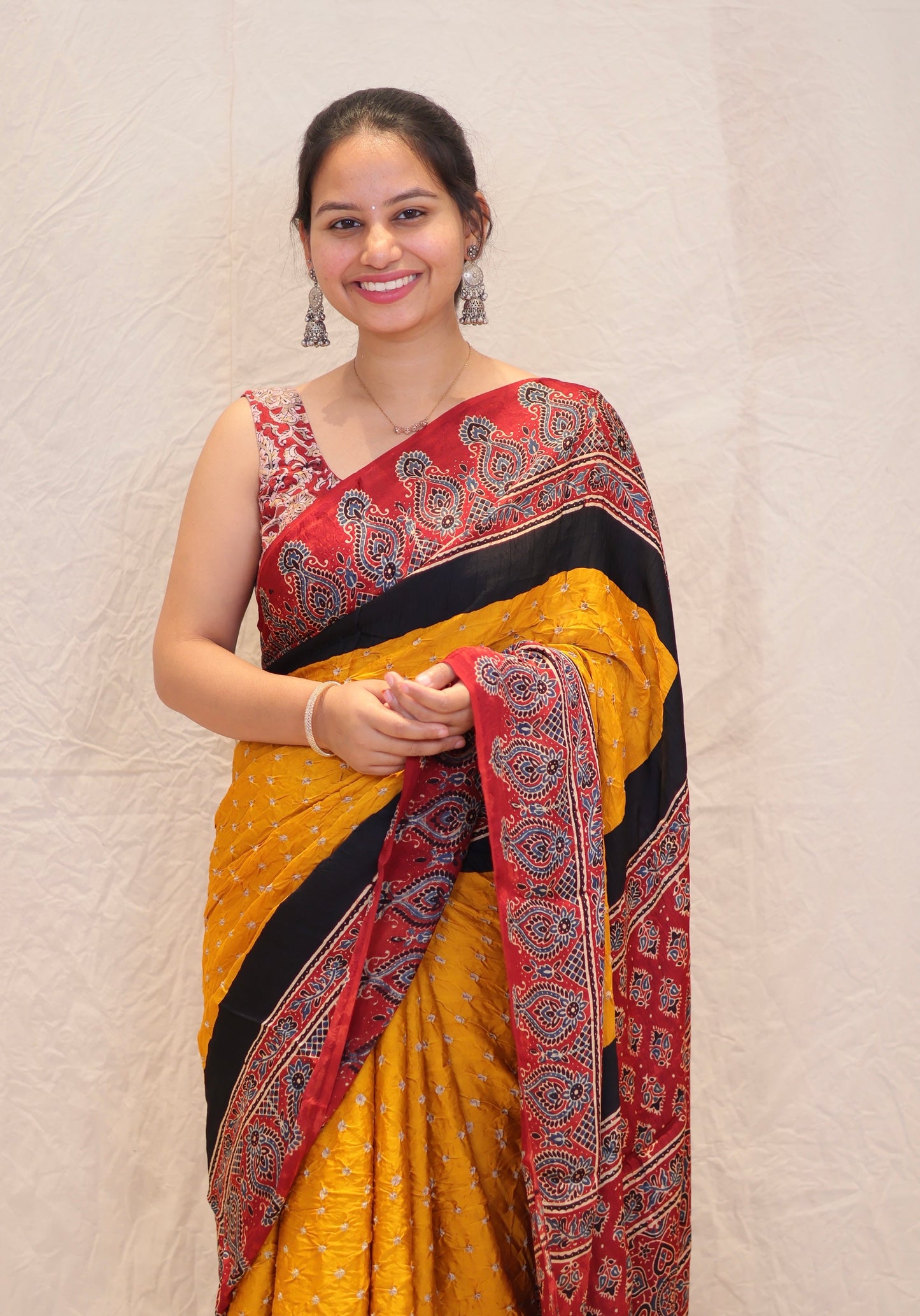 Yellow Ajrakh Bandhej Modal Silk