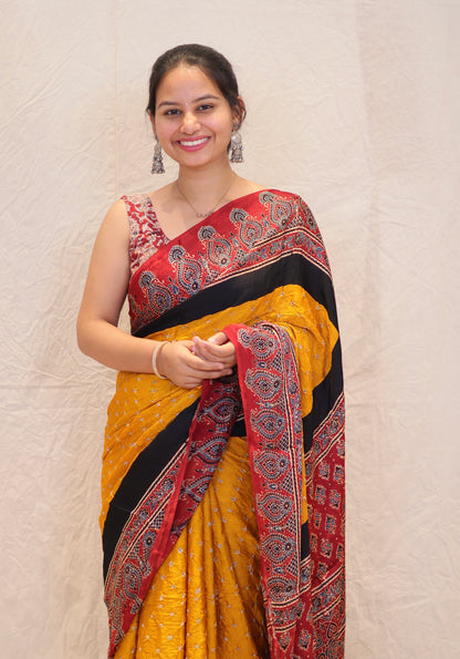 Yellow Ajrakh Bandhej Modal Silk
