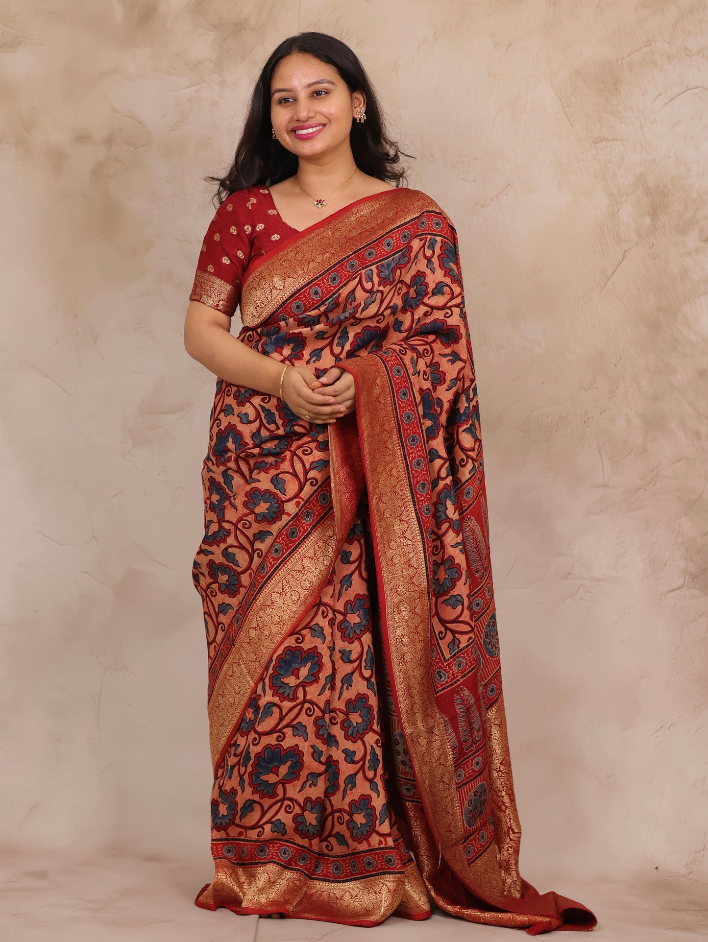 Onion Pink & Blue Ajrakh Handblock printed Dola Silk Saree | Looms & Tassels
