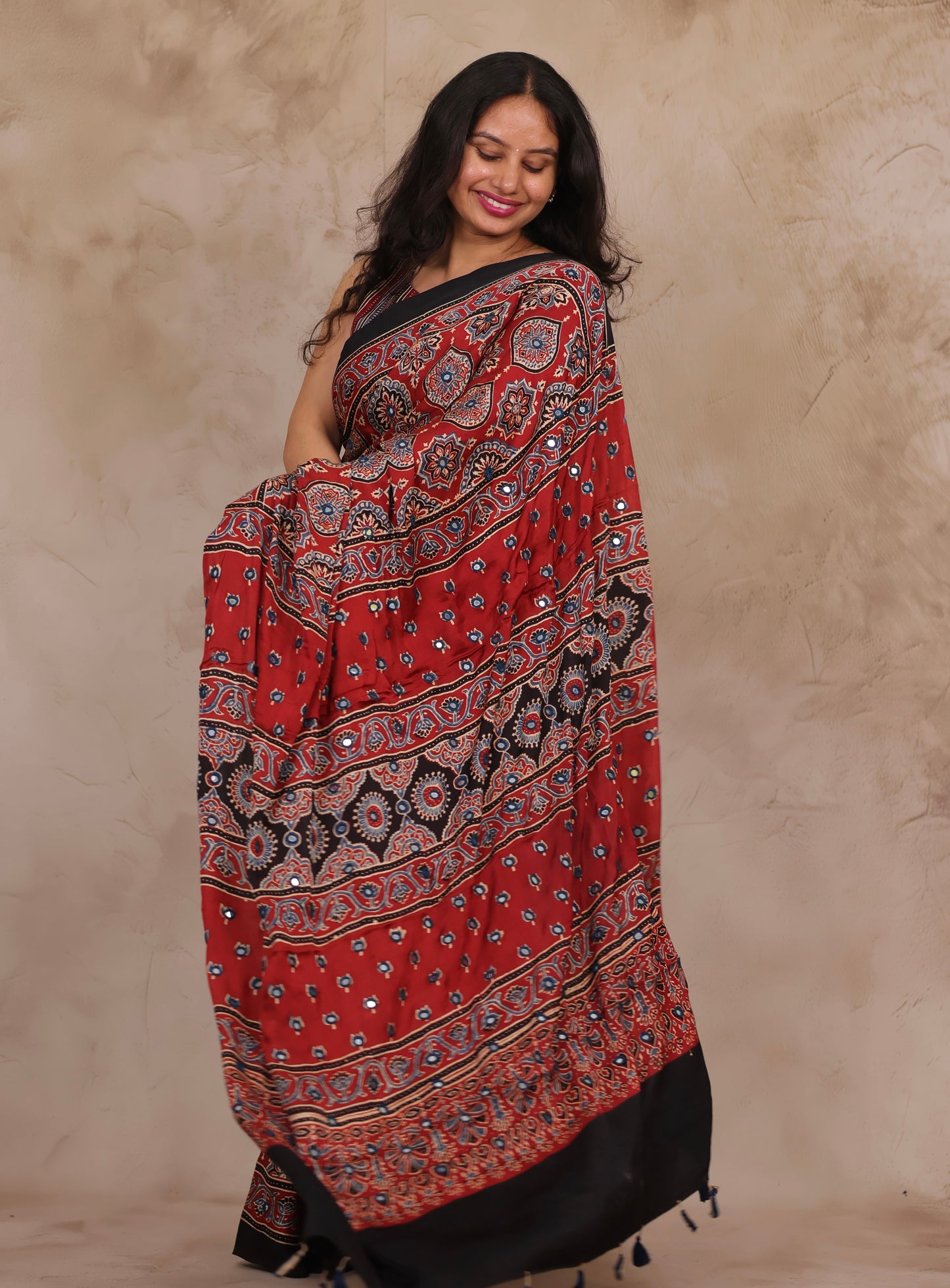 Red Handcrafted Ajrakh Modal Silk Saree with Authentic Banjara Mirror Work | Looms & Tassel