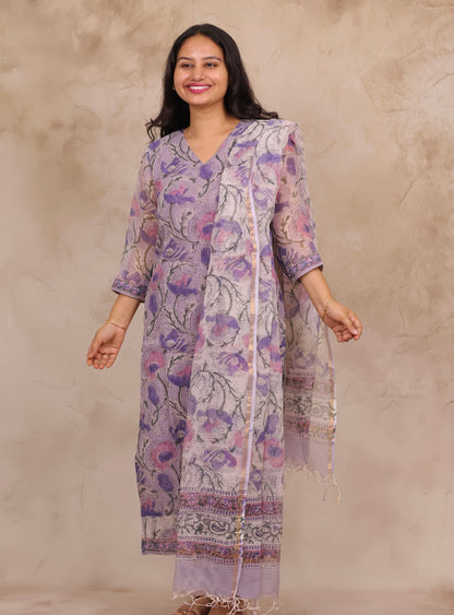 Lavender Handblock printed kota 3 piece suit (stitched)