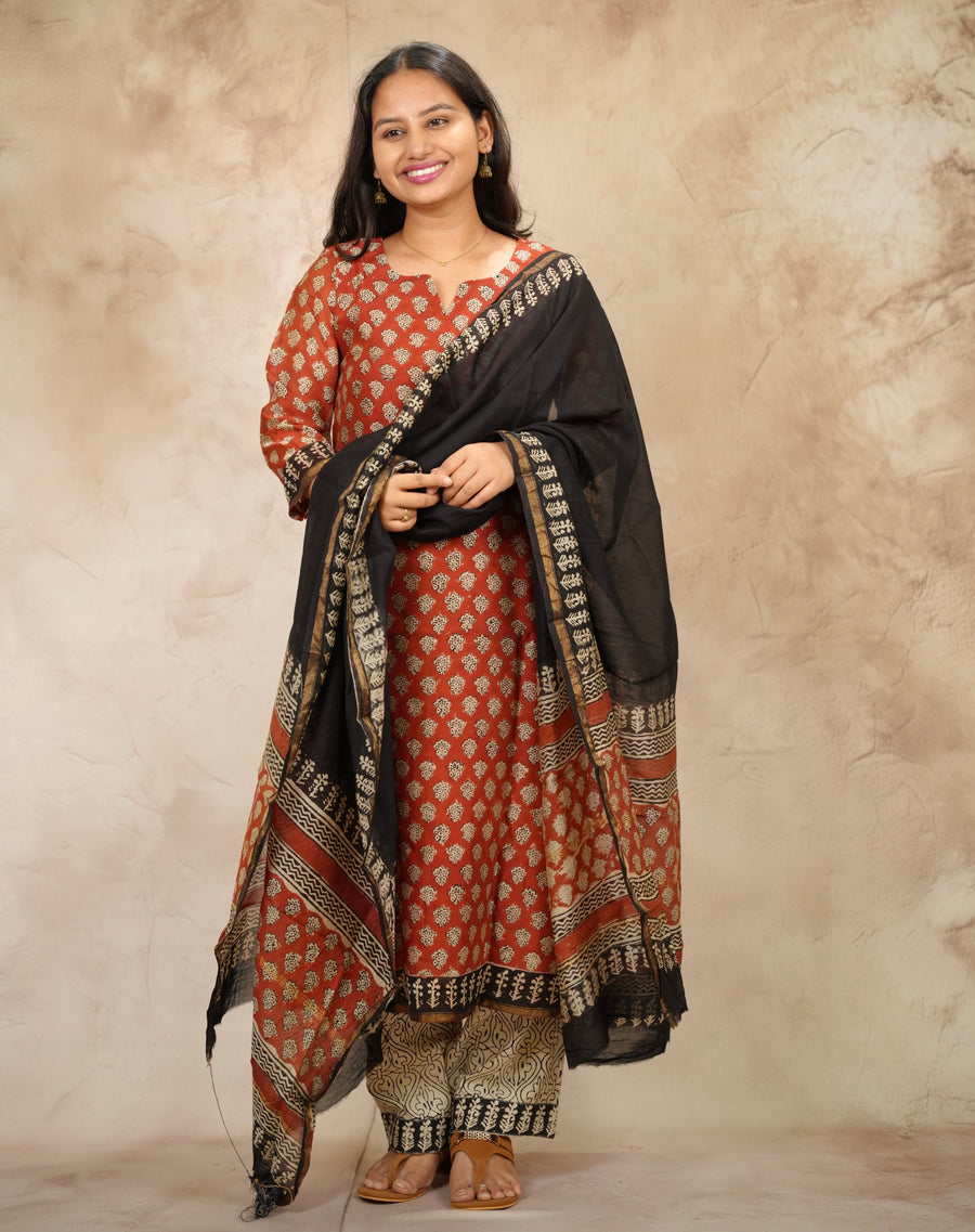 Maroon Handblock printed Pure Chenderi Silk 3 piece suit (stitched) | Looms & Tassels