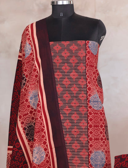 Maroon Ajrakh Handblock Printed Pure Cotton 3 piece suit set | Looms & Tassels
