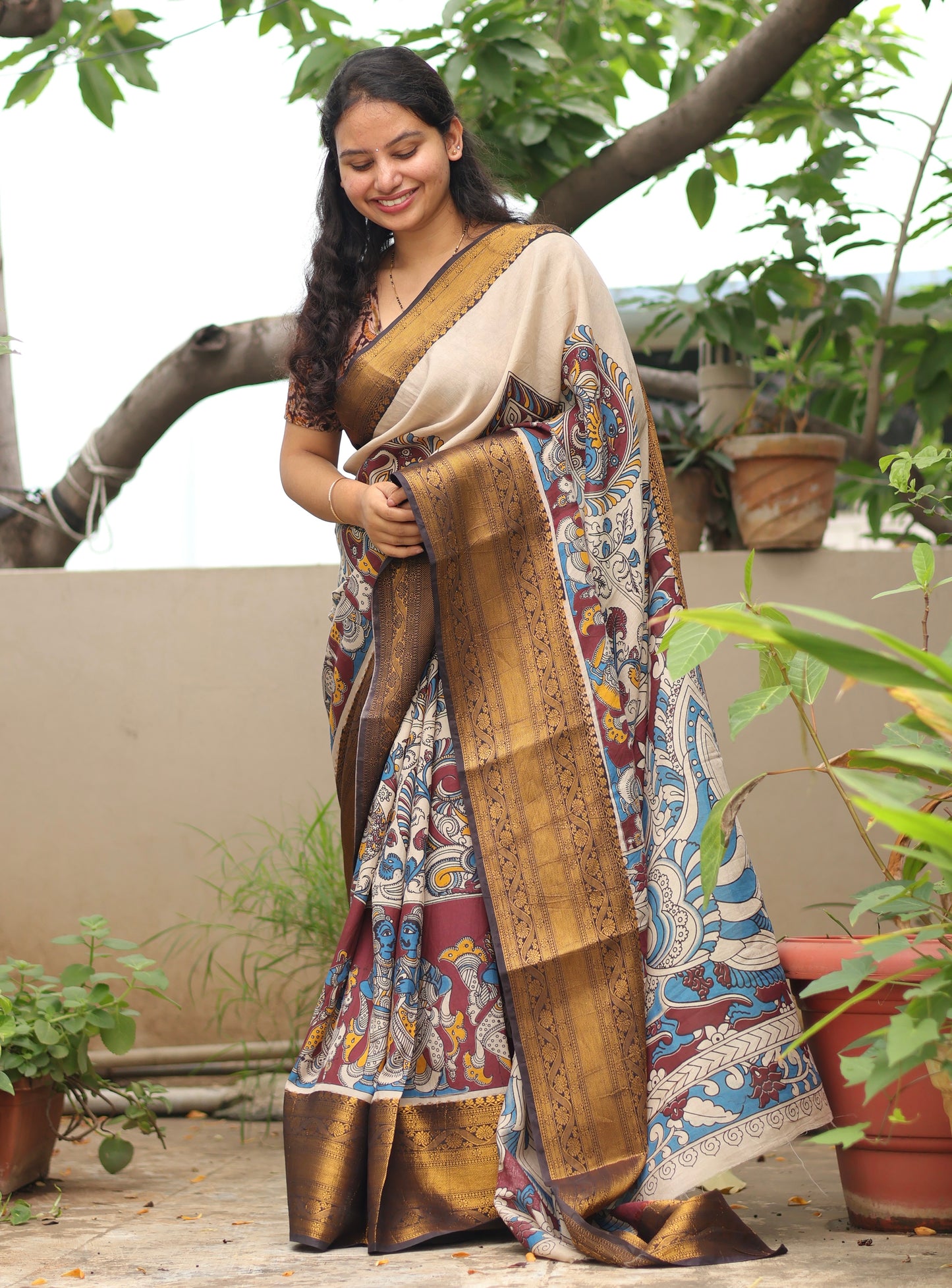 Cream & Brown Kanchi border Kalamkari chennur silk saree