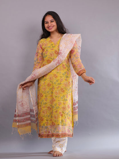 Yellow Handblock printed kota 3 piece suit (stitched)