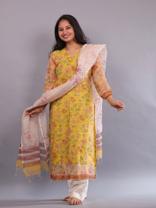 Yellow Handblock printed kota 3 piece suit (stitched)