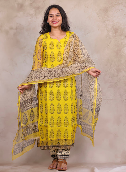 Yellow Bagru Handblock printed kota 3 piece suit (stitched)