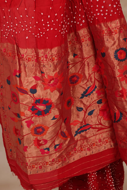 Red Handcrafted Pattern Bandhani Paithani Dola Silk Saree | Looms & Tassels