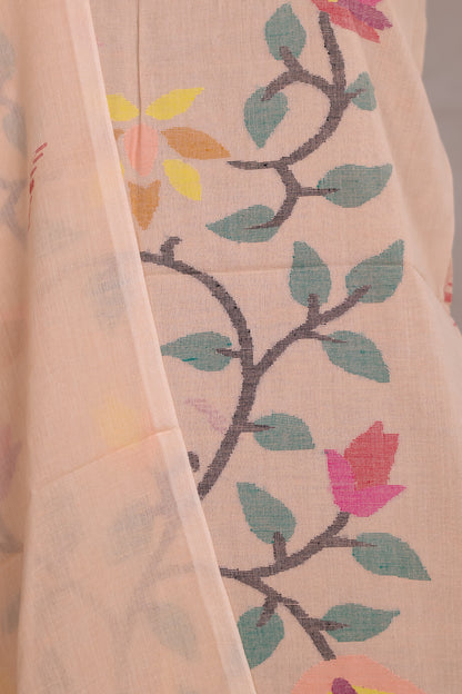 Pastel Peach Handwoven Jamdhani weaving pure Malai cotton 2 piece suit sets | Looms & Tassels