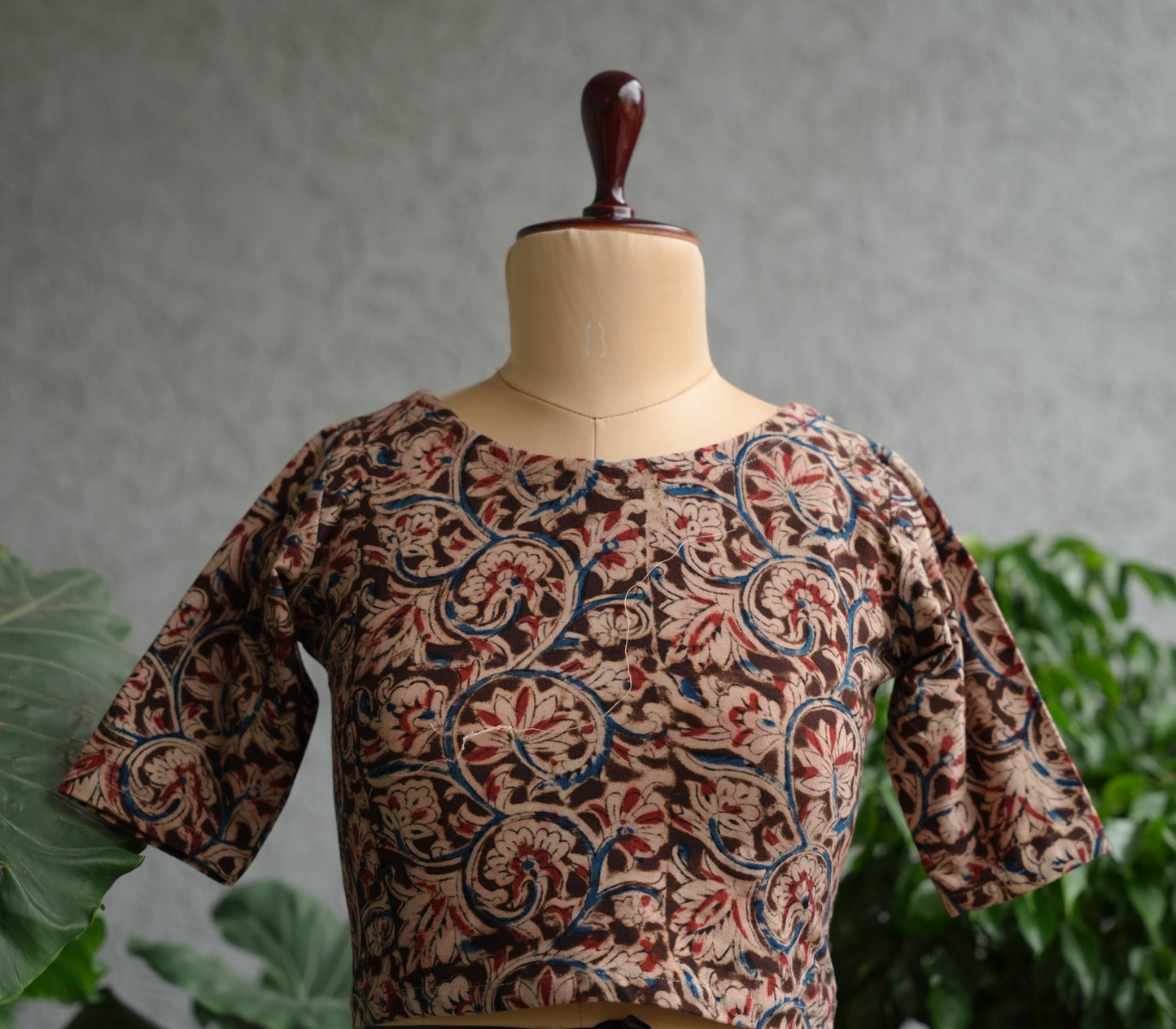 Brown Boat Neck Stretchable Hand block printed kalamkari blouse