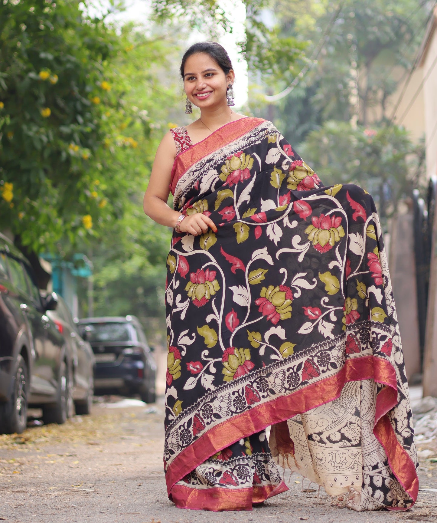 Black Nizam Border Kalamkari Silk Saree