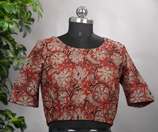 Maroon Boat Neck Stretchable Hand block printed kalamkari blouse (Elbow sleeve) | Looms & Tassels