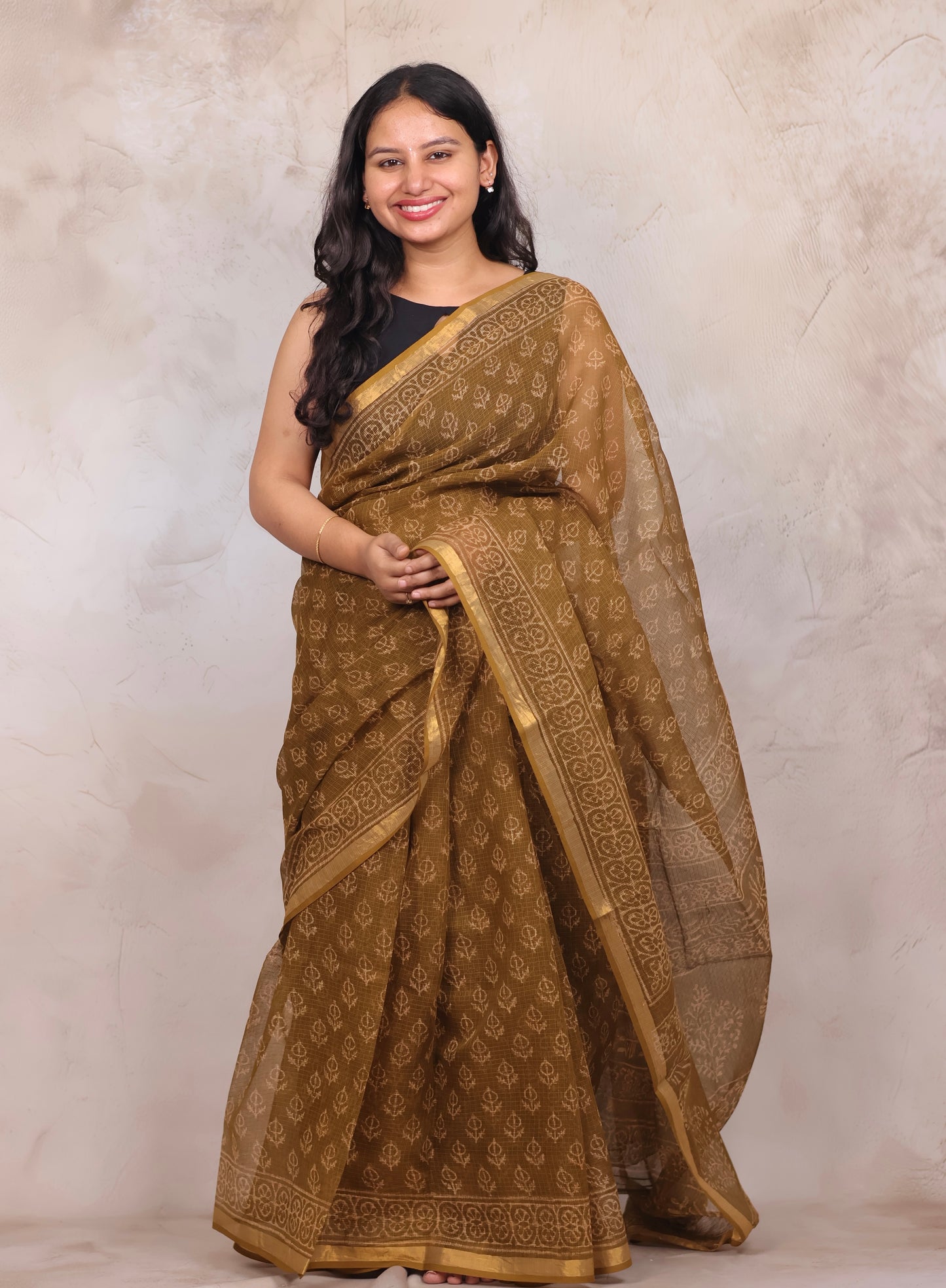 Mustard Pure Kota Doria Saree with Bagru Handblock Prints | Looms & Tassels