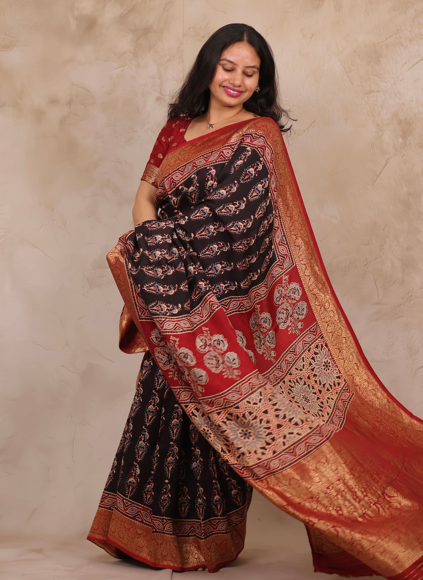 Black Ajrakh Handblock printed Dola Silk Saree | Looms & Tassels