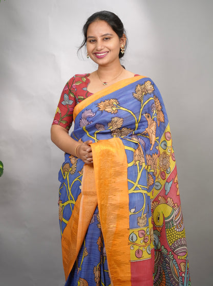 Blue Hand Drawn Pen Kalamkari Bangalore Silk Kanchi Border Saree | Looms & Tassels