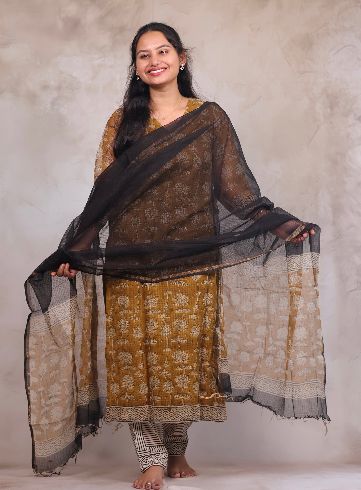 Mustard Handblock printed kota 3 piece suit (stitched)