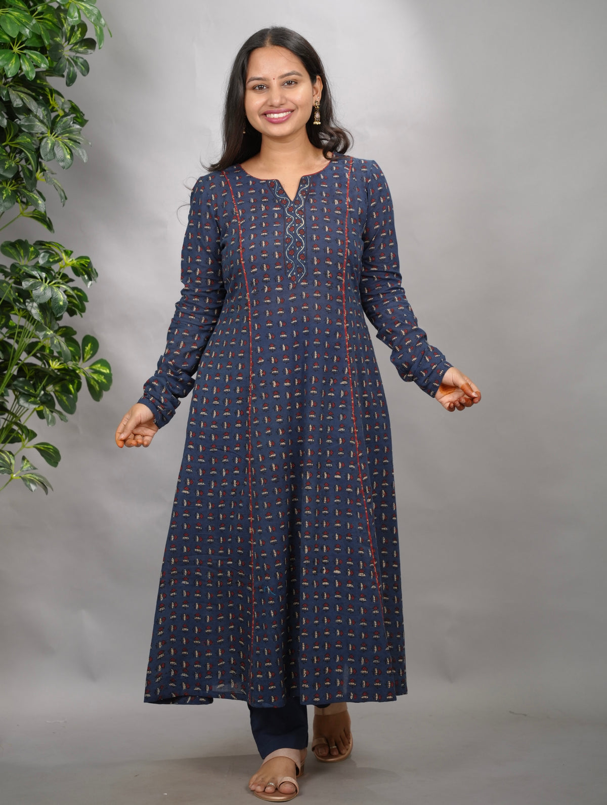 Indigo Ajrakh Handblock Printed Kali Kurta with Chudi Sleeves