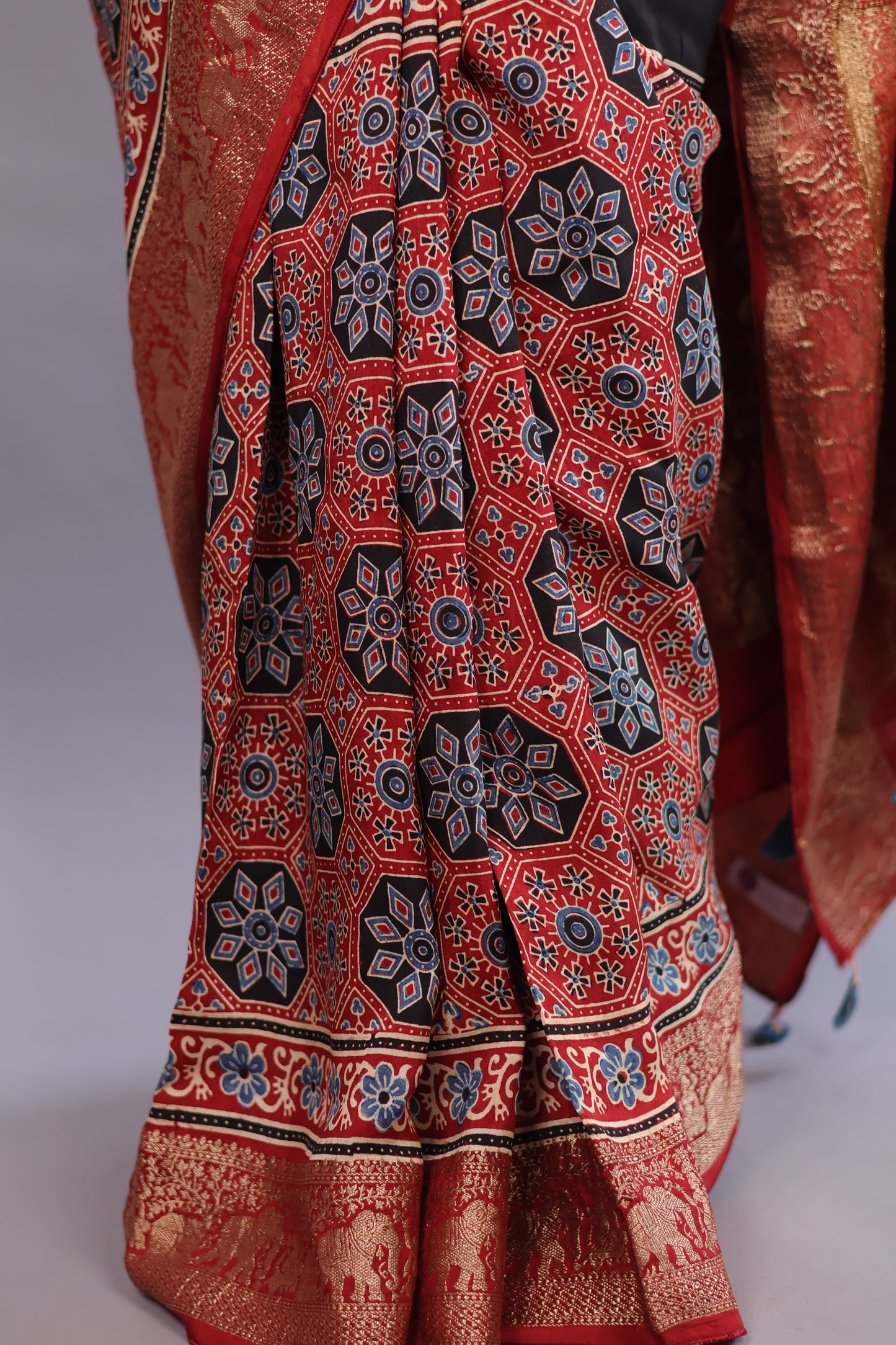 Black & Red Ajrakh Handblock printed Dola Silk Saree | Looms & Tassels