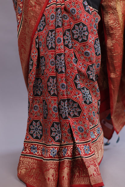 Black & Red Ajrakh Handblock printed Dola Silk Saree | Looms & Tassels