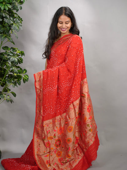 Red Handcrafted  Pattern Bandhani Paithani Dola Silk Saree | Looms & Tassels