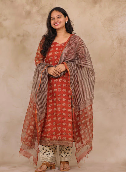 Red Elephant Handblock printed kota 3 piece suit (stitched)