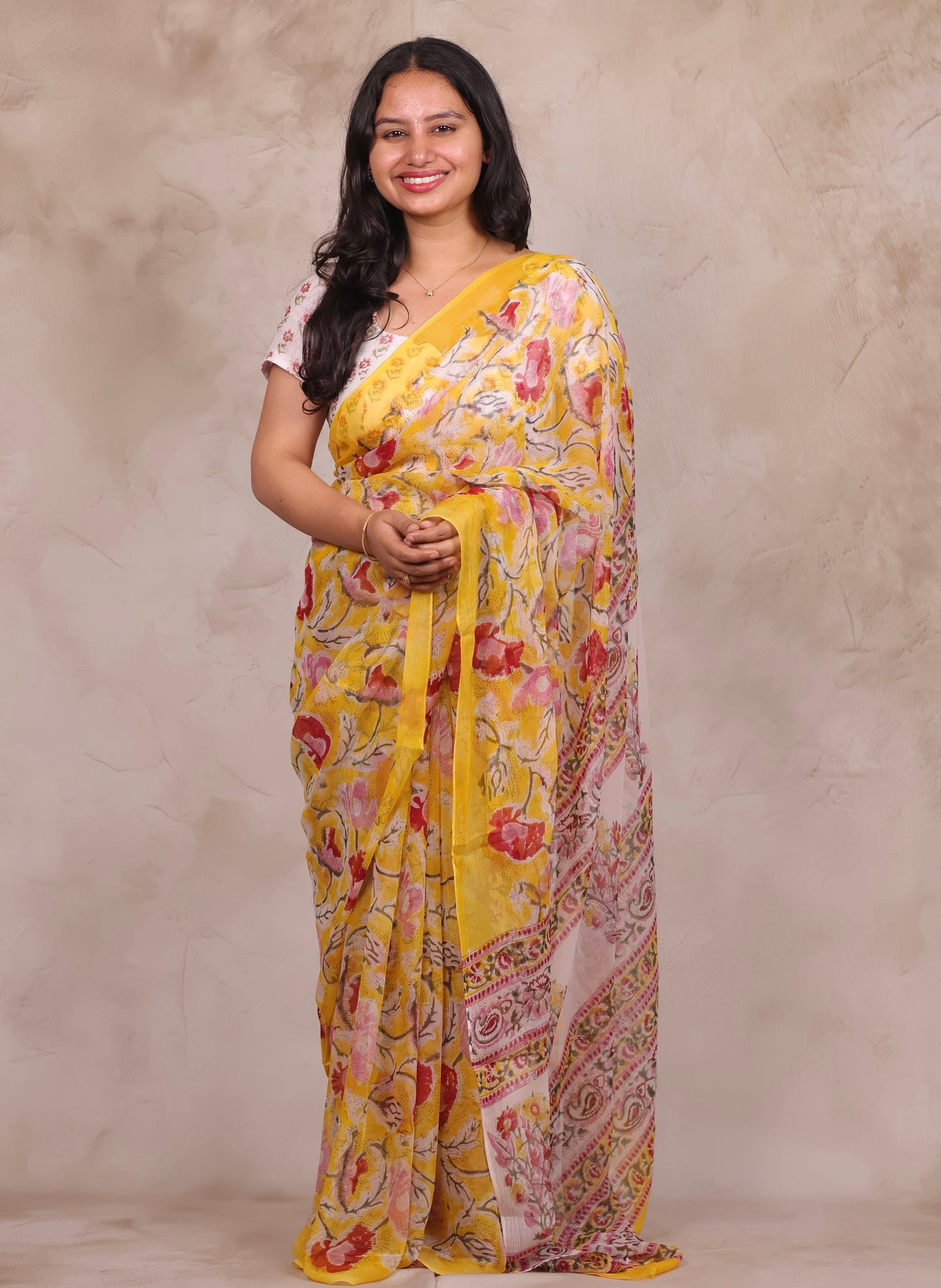 Yellow Chiffon Bagru Hand Block Printed Saree | Looms & Tassels