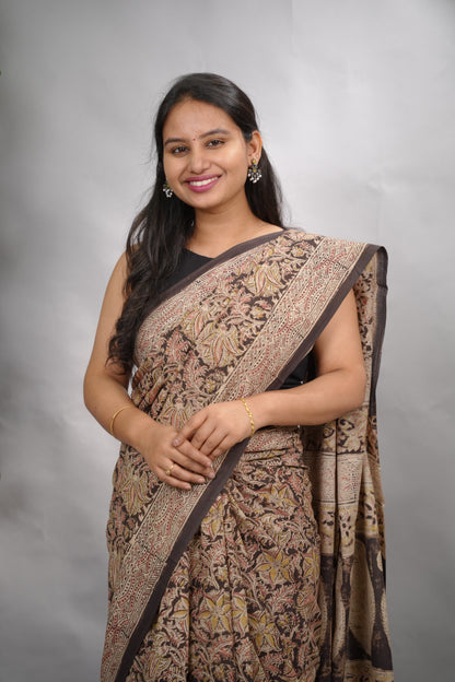 Grey Hand Block Printed Kalamkari Cotton Saree | Looms & Tassels