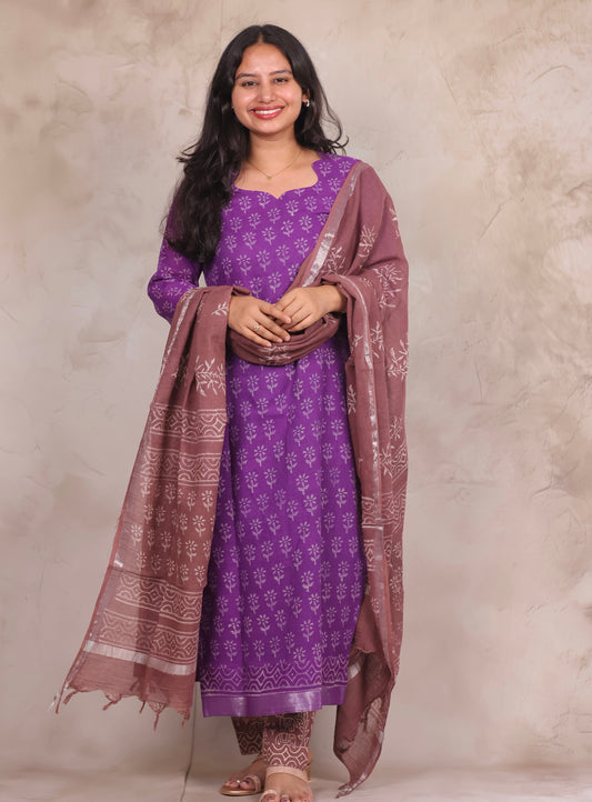 Purple Linen Cotton Handblock printed 3 piece suit (stitched)