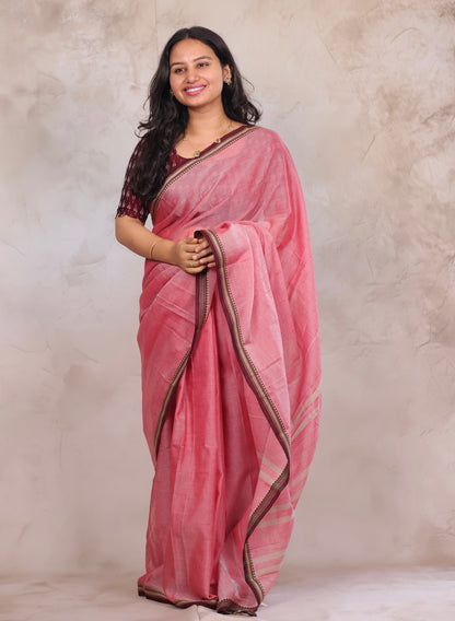 Onion Pink Narayanpet Cotton Saree with Ikkat Blouse Piece | Looms & Tassels
