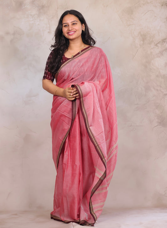 Onion Pink Narayanpet Cotton Saree with Ikkat Blouse Piece | Looms & Tassels