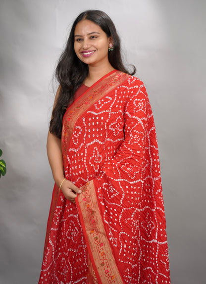Red Handcrafted Pattern Bandhani Paithani Dola Silk Saree | Looms & Tassels