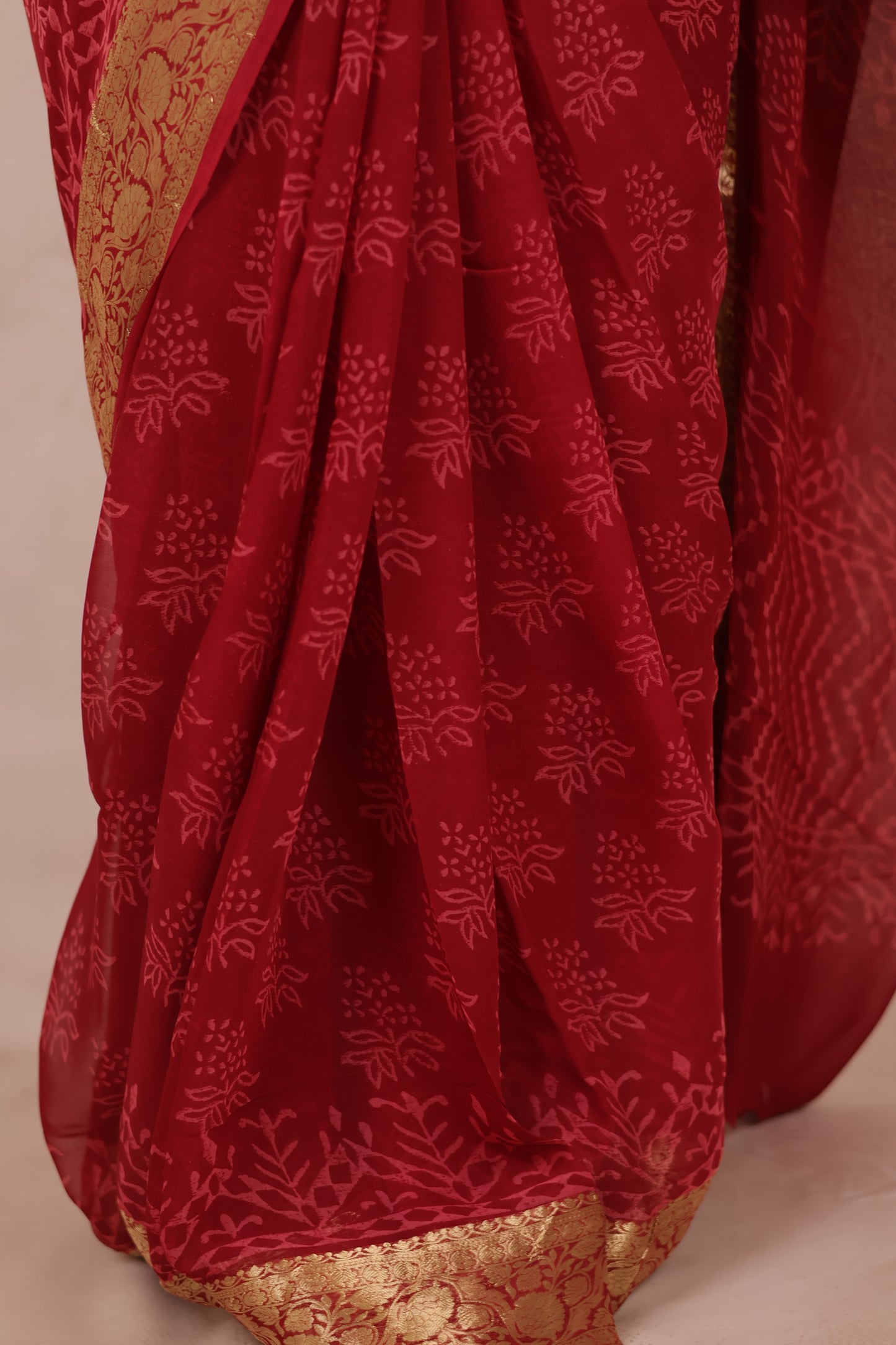 Chiffon Hand Block Printed Saree with Jari Border | Looms & Tassels