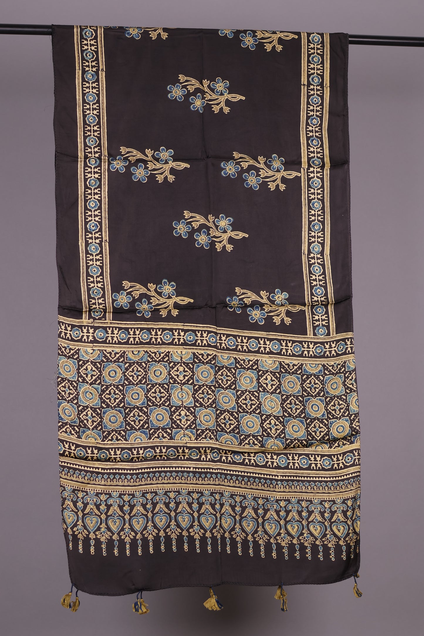 Black Ajrakh Hand Block Printed Modal Silk Stole | Looms & Tassels