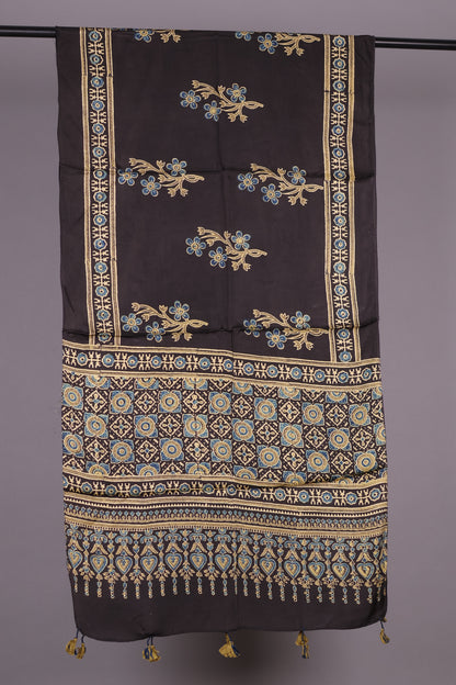 Black Ajrakh Hand Block Printed Modal Silk Stole | Looms & Tassels