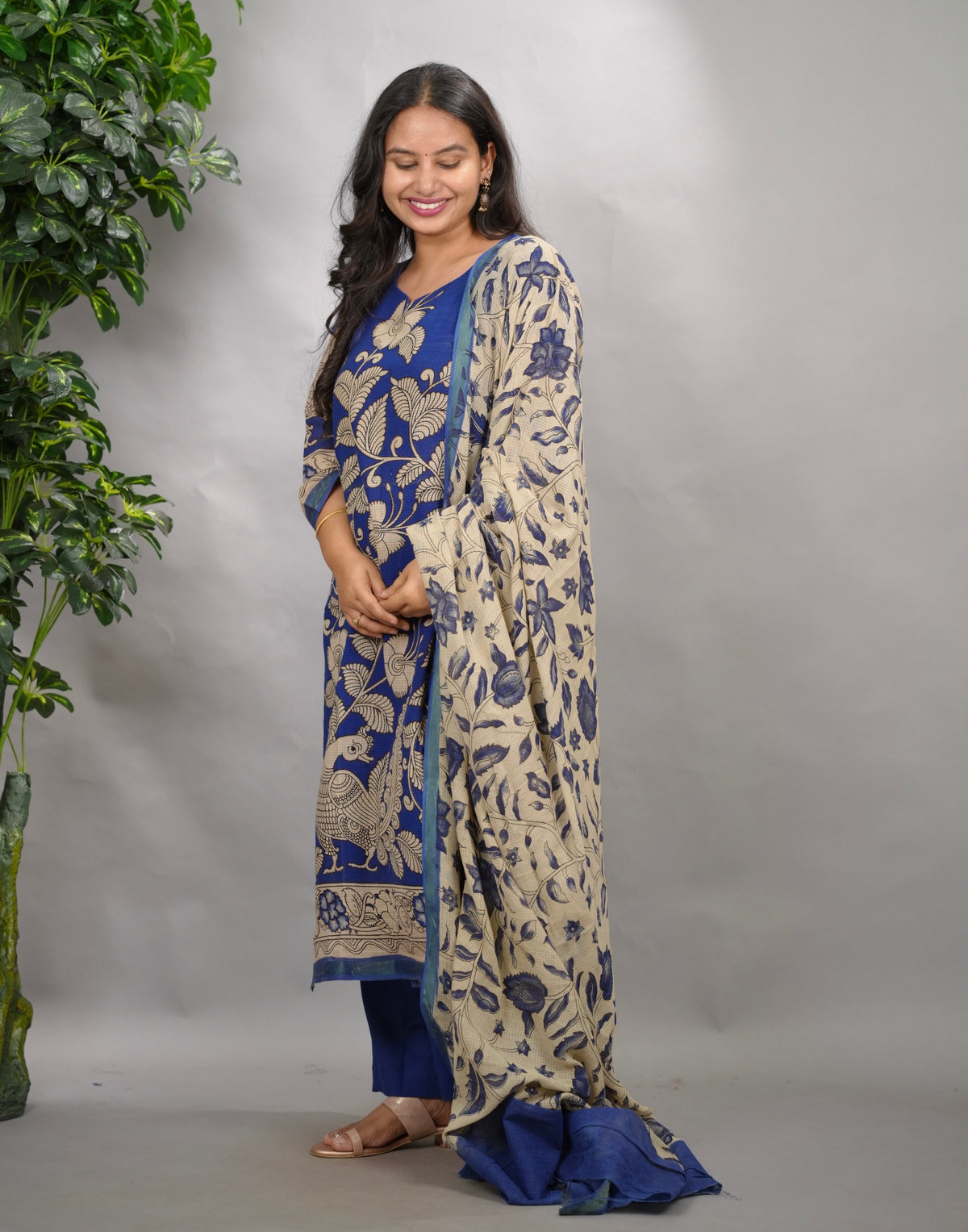 Blue Kalamkari Kota Cotton 3 piece suit (stitched) | Looms & Tassels
