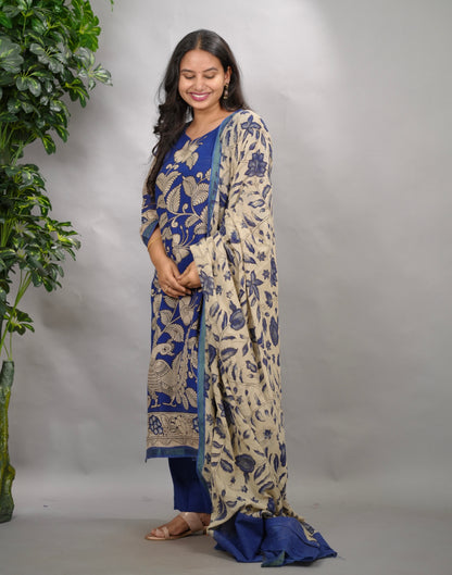 Blue Kalamkari Kota Cotton 3 piece suit (stitched) | Looms & Tassels