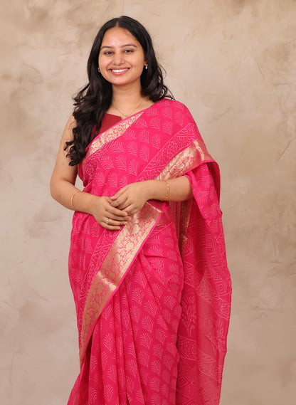 Pink Chiffon Hand Block Printed Saree with Jari Border | Looms & Tassels