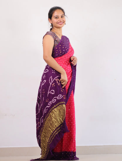 Pink & purple Bandhej Modal Silk Saree