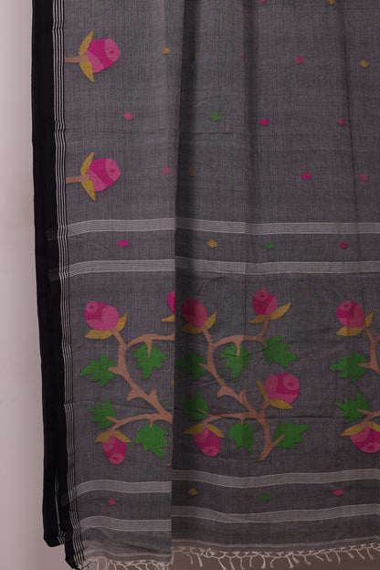 Grey Pure Handwoven Jamdhani Malai Cotton Saree