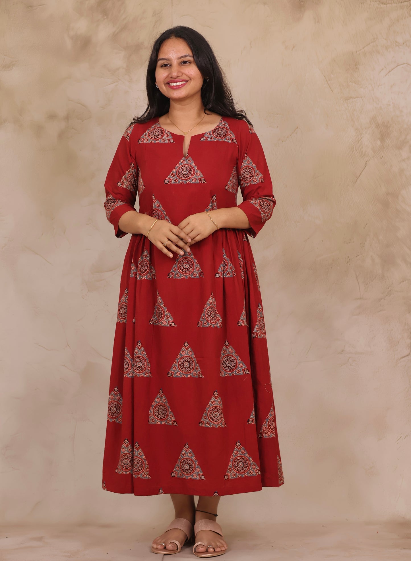 Red Pure Mul Cotton Ajrakh Aline Dress | Looms & Tassels