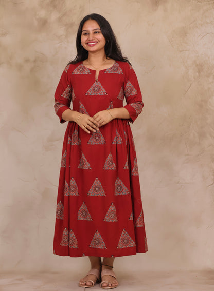 Red Pure Mul Cotton Ajrakh Aline Dress | Looms & Tassels