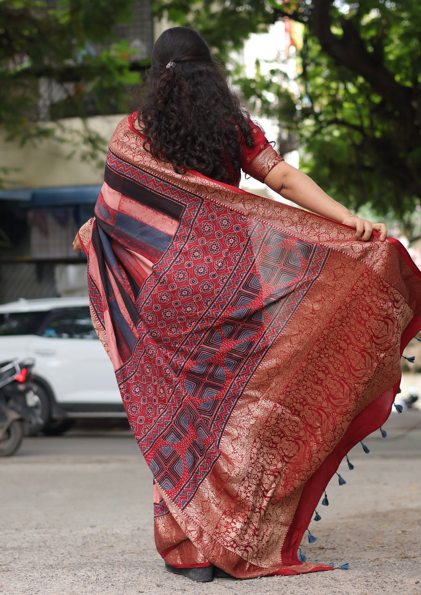 Stripes Contemporary Ajrakh Dola Silk Saree