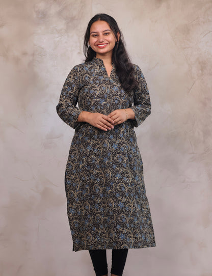 Grey Ajrakh Hand Block Printed Kurti | Looms & Tassels