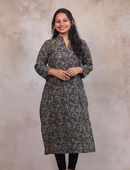 Grey Ajrakh Hand Block Printed Kurti | Looms & Tassels